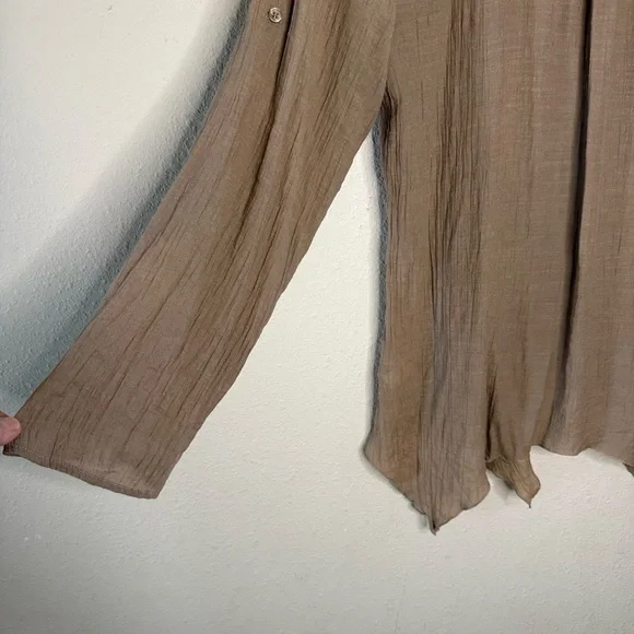 Spense Button Front Tunic Asymmetrical Shirt Lagenlook Tan Roll Tabs Women’s XL - Picture 3 of 13